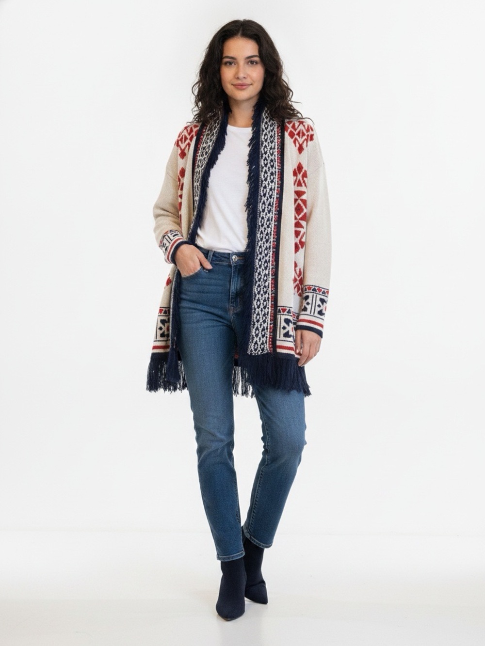 Pink Rose Cream Open-Front Cardigan with Navy & Red Pattern.Abstract,trendy.